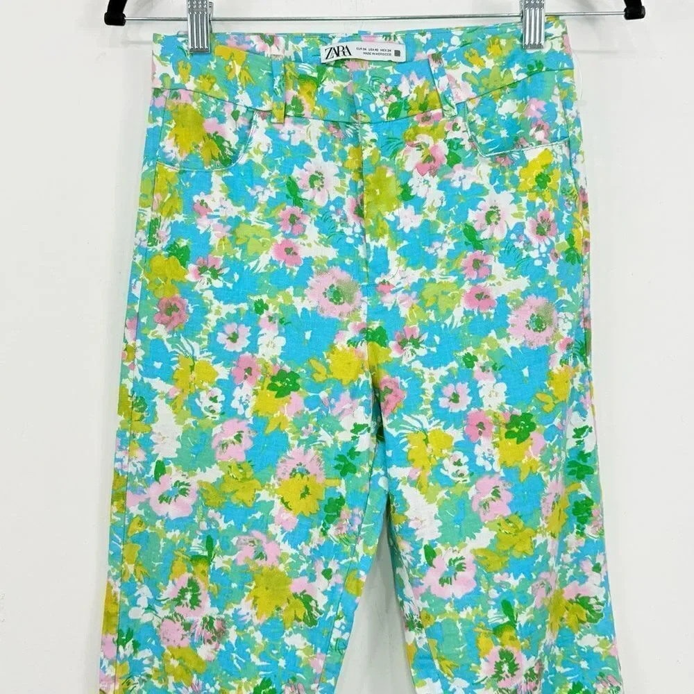 Zara Colorful Floral Retro Inspired Linen Blend High Rise Cropped Ankle Pants